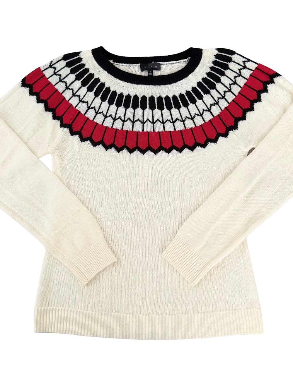 The Limited Ivory Crewneck Sweater with Black & Red Fair Isle Yoke
